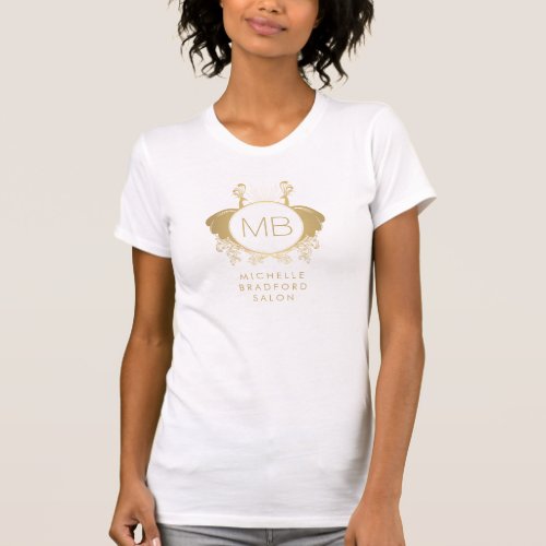 Art Nouveau Peacocks Monogram Logo GoldWhite T_Shirt
