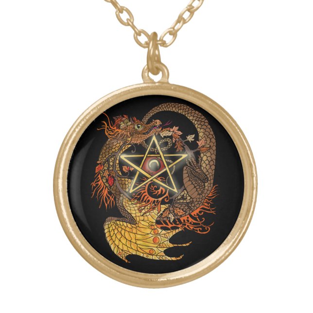Art Nouveau pentacle dragon~necklace Gold Plated Necklace (Front)