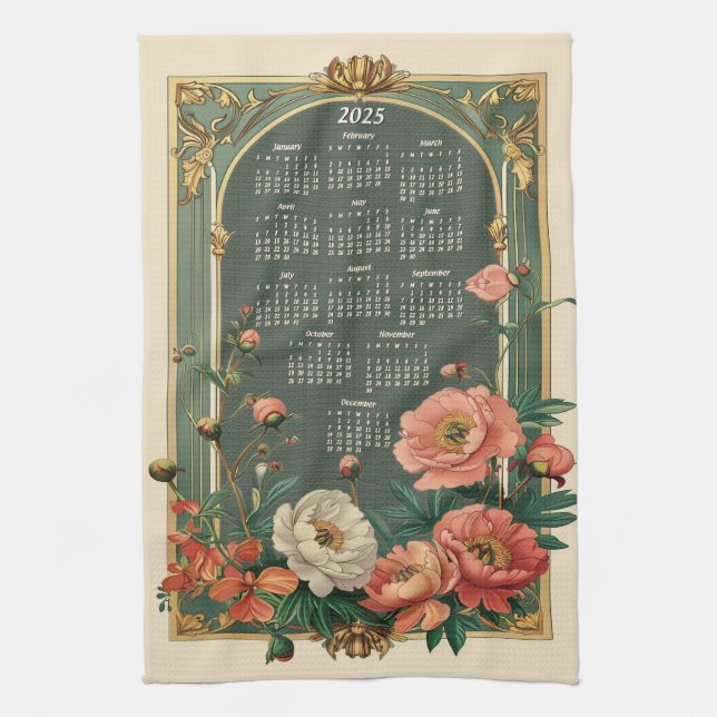 Art Nouveau Peony 2025 Gift Calendar Kitchen Towel (Vertical)