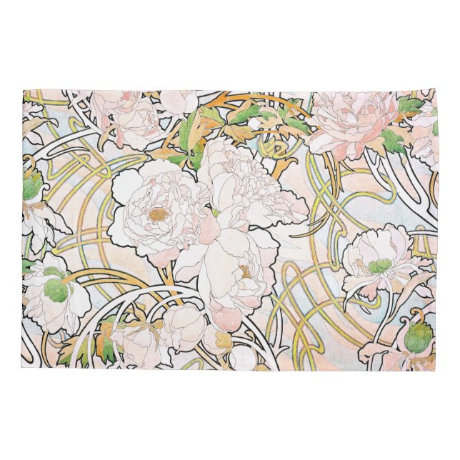 Art Nouveau Peony Flower Floral Pillowcase (Back)