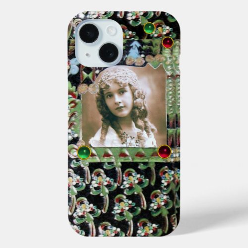 ART NOUVEAU PHOTO TEMPLATE BLACK GREEN RED GEMS iPhone 15 CASE