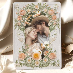 Art Nouveau Photo Wedding Peach Ranunculus Invitation