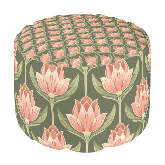 Art Nouveau Pink and Green Tulip Pattern  Pouf