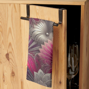 Art Nouveau Pink and Silver Fans Kitchen Towel