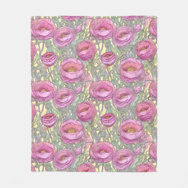 Art nouveau pink ranunculus fleece blanket (Front)