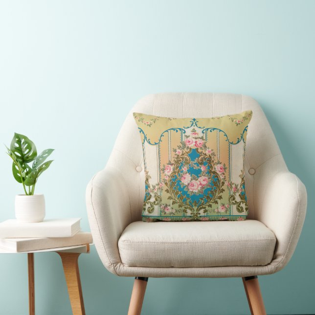 Art Nouveau Pink Rose Floral Swags Medallion Motif Throw Pillow (Chair)