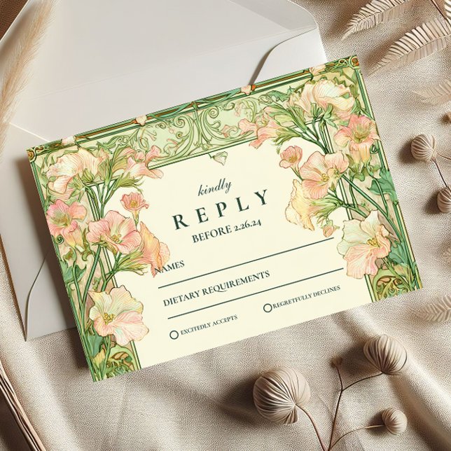 Art Nouveau Pink Sweet Pea Wedding RSVP Card (Creator Uploaded)