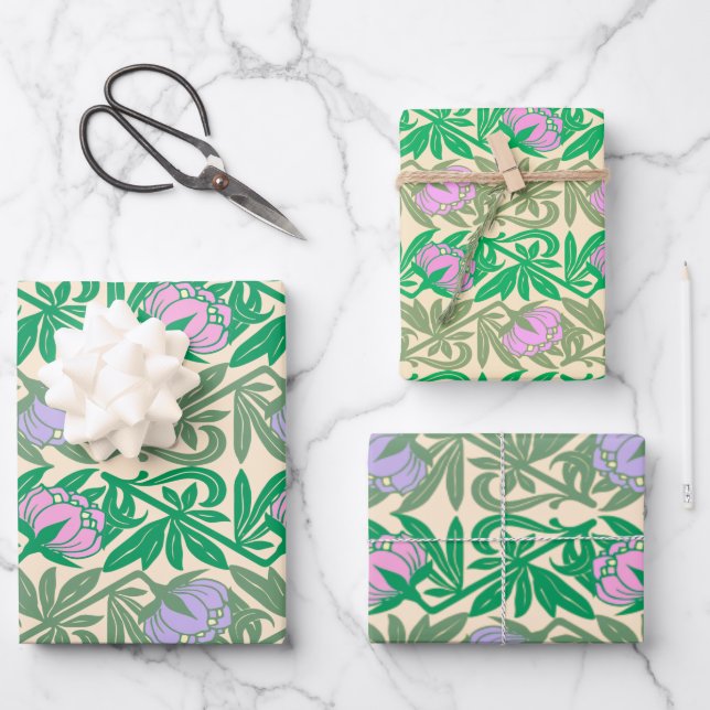 Art Nouveau pink water lilies damask Wrapping Paper Sheets (Front)