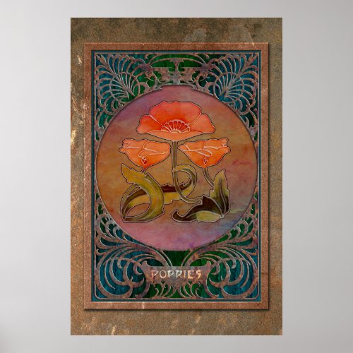 Art Nouveau Poppies in a Coppery Mucha Frame Poster