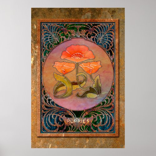 Art Nouveau Poppies in Coppery Mucha Frame Poster