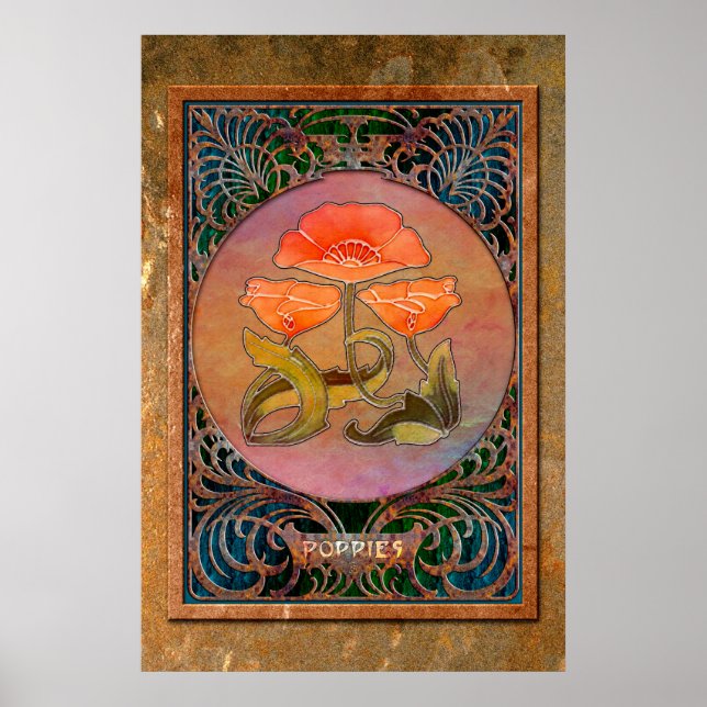 Art Nouveau Poppies in Coppery Mucha Frame Poster (Front)
