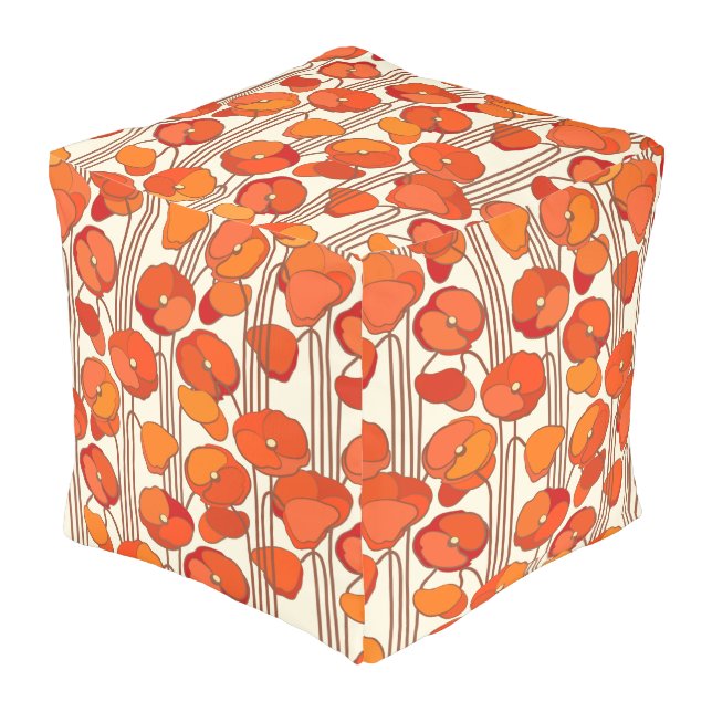 Art Nouveau Poppies Square Pouf (Angled Front)
