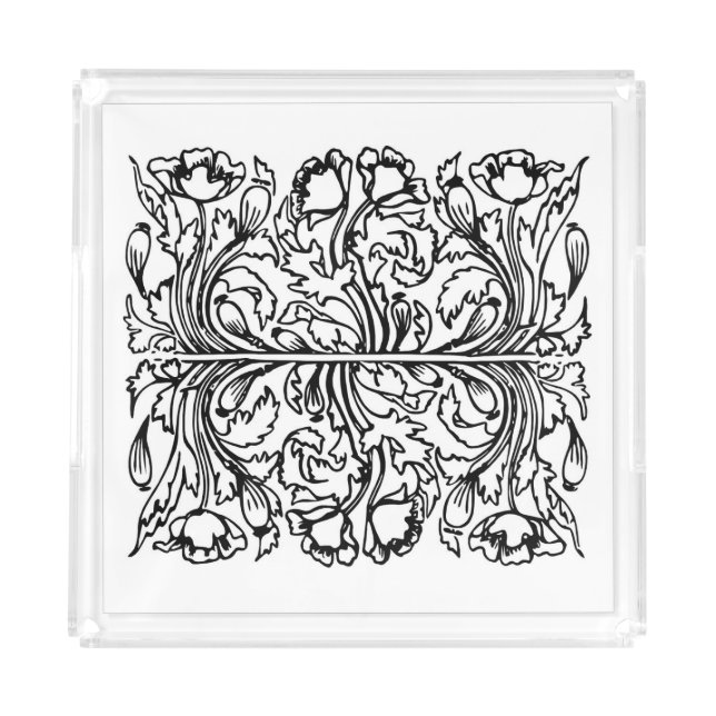 Art nouveau poppy floral black white elegant  acrylic tray (Front)