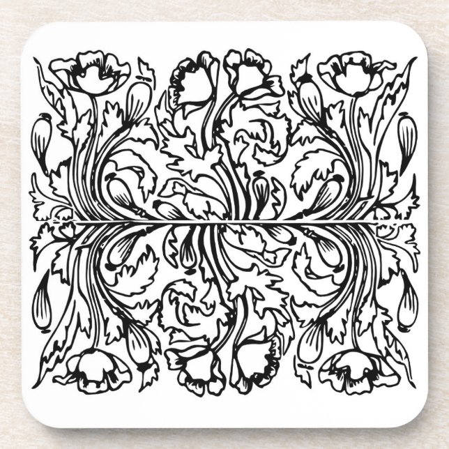 Art nouveau poppy floral black white elegant  beverage coaster (Front)