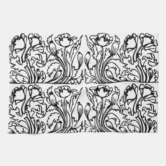 Art nouveau poppy floral black white elegant  kitchen towel (Horizontal)