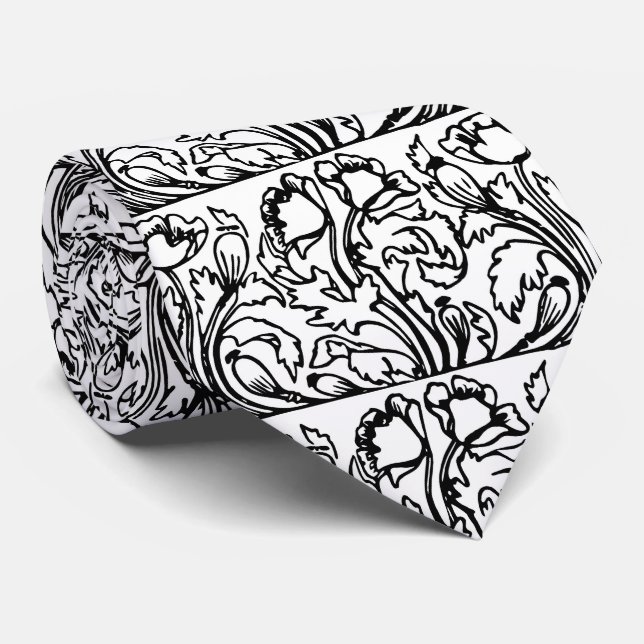 Art nouveau poppy floral black white elegant  neck tie (Rolled)