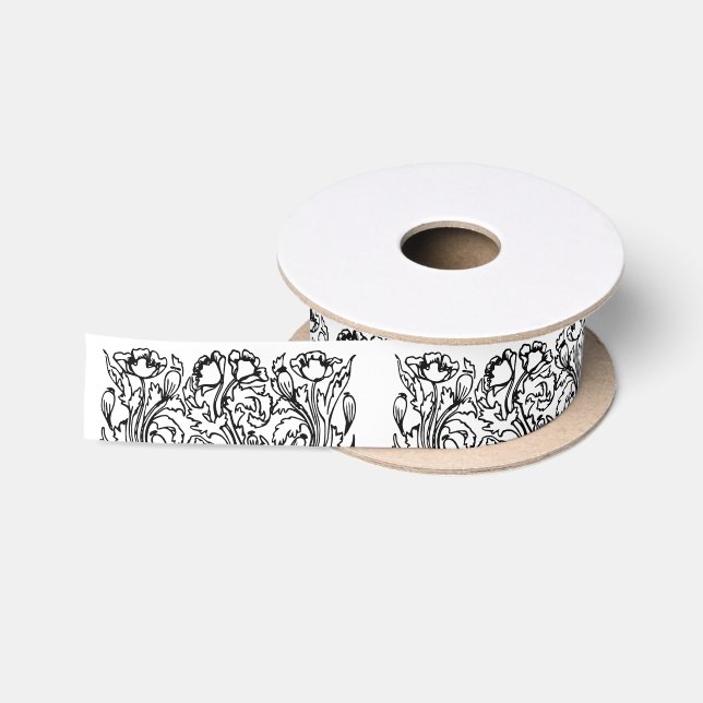 Art nouveau poppy floral black white elegant  satin ribbon (Spool)