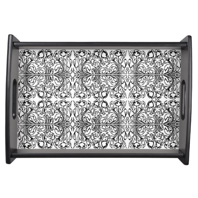 Art nouveau poppy floral black white elegant  serving tray (Front)