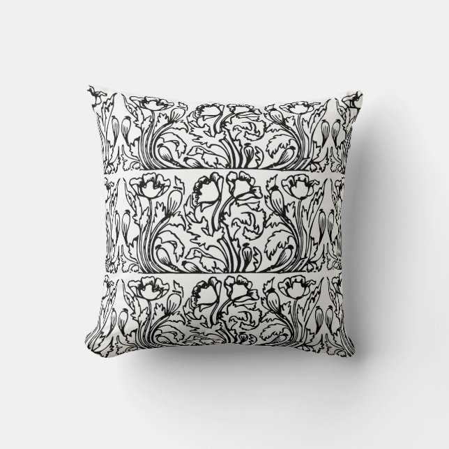 Art nouveau poppy floral black white elegant  throw pillow (Front)