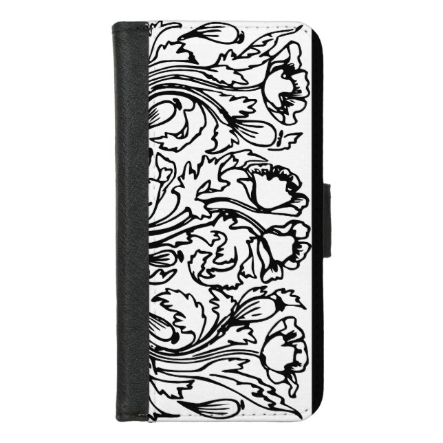 Art nouveau poppy flower black and white iPhone wallet case (Front)