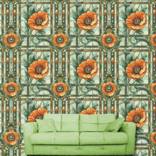 Art Nouveau Poppy Flowers Orange Green Floral 