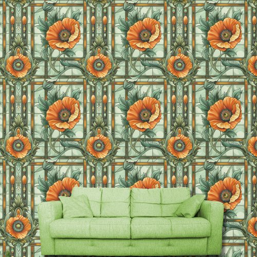 Art Nouveau Poppy Flowers Orange Green Floral  Wallpaper