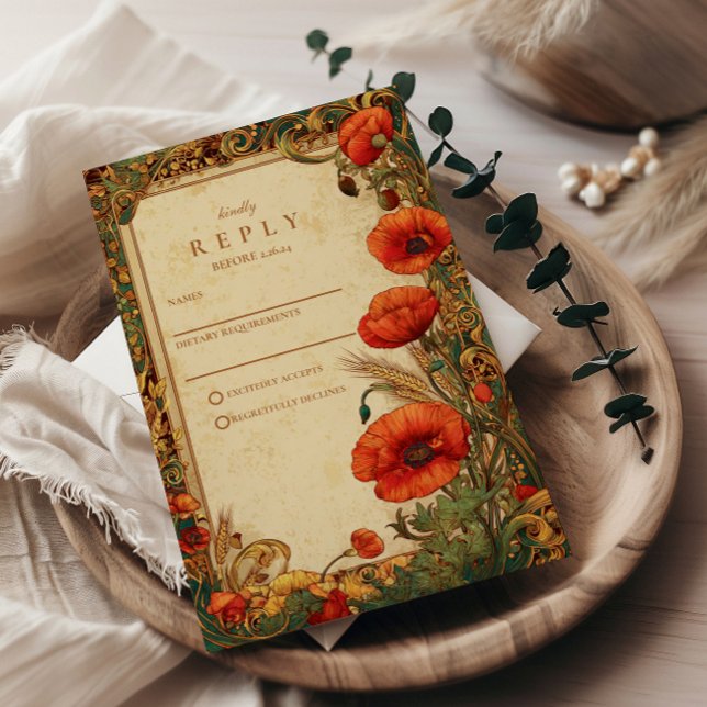 Art Nouveau Poppy Wedding RSVP Card (Creator Uploaded)