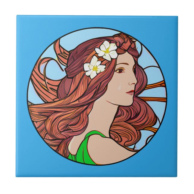 Art Nouveau Portrait of a Woman on Blue  Ceramic Tile (Front)