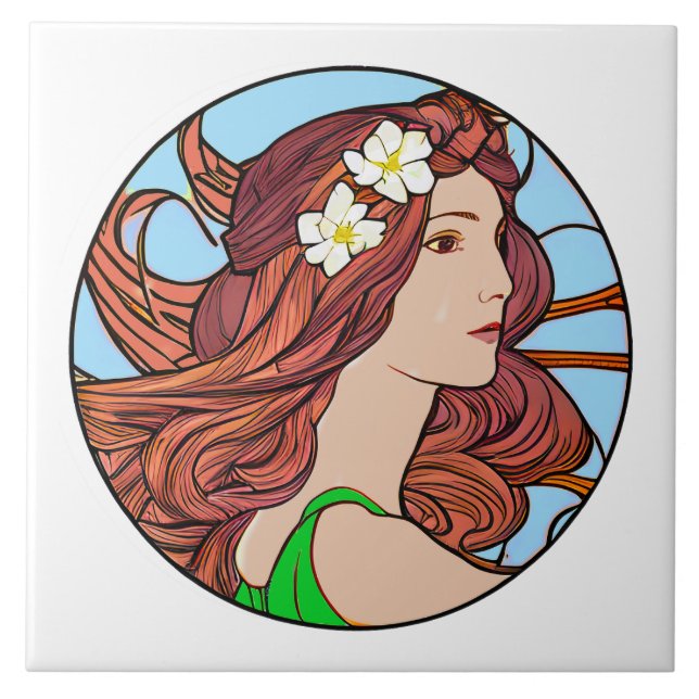 Art Nouveau Portrait of a Woman with Red Hair  Ceramic Tile (Front)