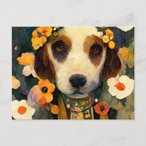 Art Nouveau portrait of Beagle dog with flowers Postcard