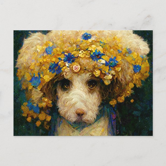 Art Nouveau portrait of poodle dog with flowers Postcard (Front)