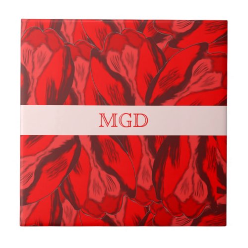 Art Nouveau profusion of red tulips with monogram Tile