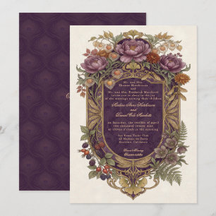 Art Nouveau Purple Gold Shield Fall Floral Vintage Invitation