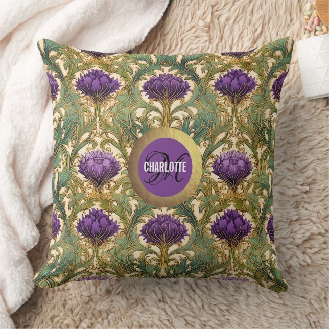 Art Nouveau purple gold thistle monogram name Throw Pillow (Blanket)