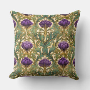 Art Nouveau purple gold thistle pattern Throw Pillow
