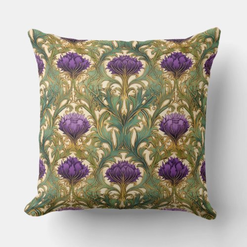 Art Nouveau purple gold thistle pattern Throw Pillow