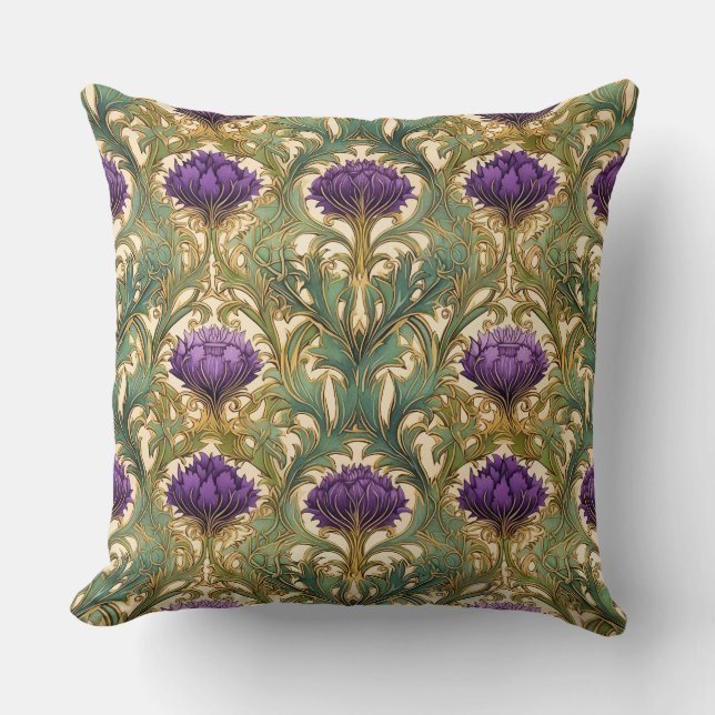 Art Nouveau purple gold thistle pattern Throw Pillow (Front)