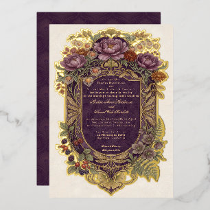 Art Nouveau Purple Shield Fall Floral Vintage Gold Foil Invitation