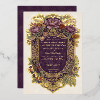 Art Nouveau Purple Shield Fall Floral Vintage Gold Foil Invitation