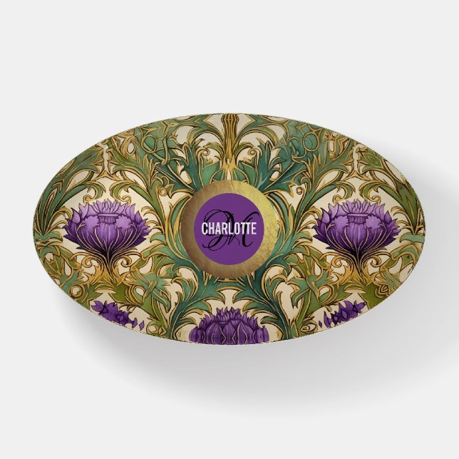 Art Nouveau purple thistle monogram name Paperweight (Front)