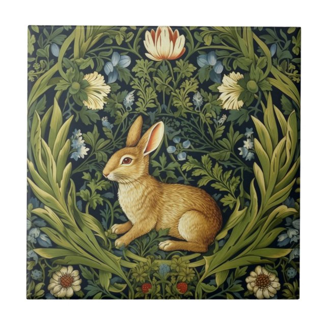 Art nouveau rabbit in the garden ceramic tile (Front)