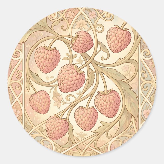 Art Nouveau Raspberry Pattern Classic Round Sticker (Front)