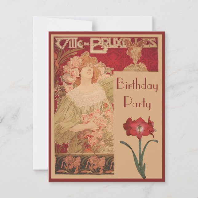 Art Nouveau Red Amaryllis & Lady Birthday Party Invitation (Front)