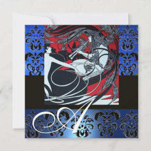 ART NOUVEAU RED BLACK BLUE WHITE DAMASK MONOGRAM INVITATION