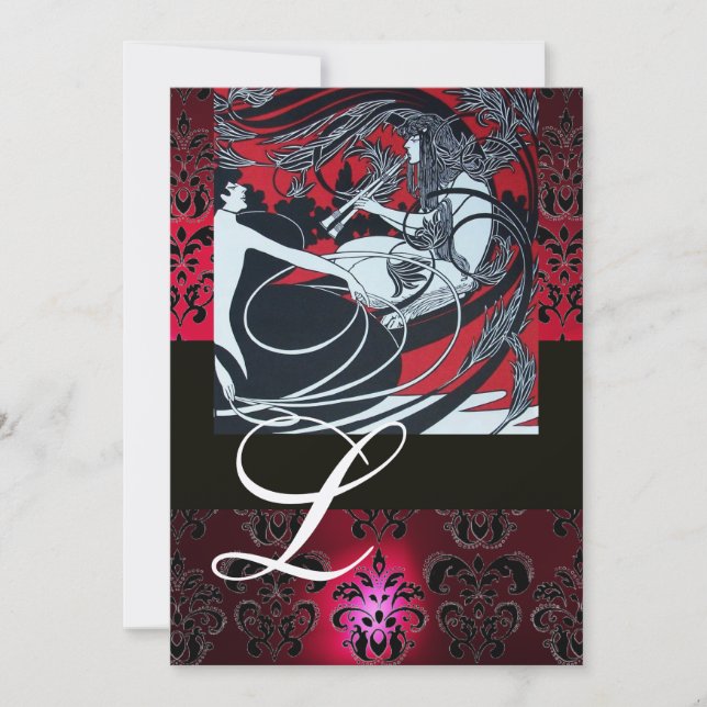 ART NOUVEAU RED BLACK CHAMPAGNE DAMASK MONOGRAM INVITATION (Front)