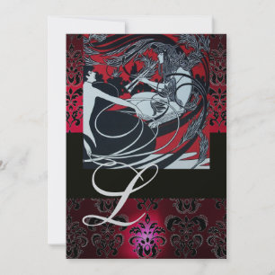 ART NOUVEAU RED BLACK CHAMPAGNE DAMASK MONOGRAM INVITATION