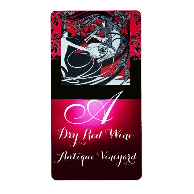 ART NOUVEAU RED BLACK DAMASK MONOGRAM WINE BOTTLE LABEL (Front)
