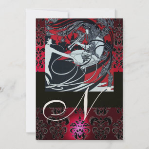 ART NOUVEAU RED BLACK GOLD DAMASK MONOGRAM ,ruby Invitation