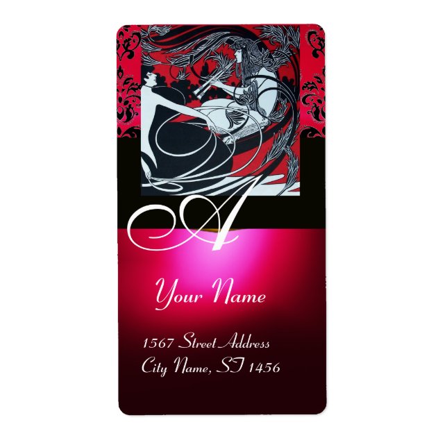 ART NOUVEAU RED BLACK GOLD DAMASK MONOGRAM ,ruby Label (Front)