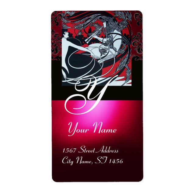 ART NOUVEAU RED BLACK GOLD DAMASK MONOGRAM ,ruby Label (Front)